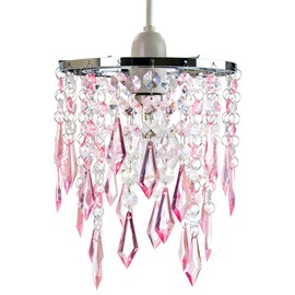 Modern Waterfall Design Easy Fit Pendant Shade with Clear/Pink Acrylic Droplets and Beads - Chrome Metal Rings - 16cm Diameter by Happy Homewares