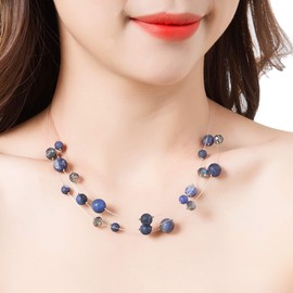 PEARL&CLUB Crystal Layered Statement Necklace For Women - Choker Necklace with Chunky Silver Chain, Birthday Gifts For Women (98-Navy blue)