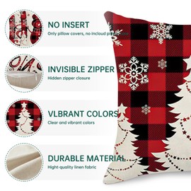 Christmas Cushion Covers Set of 4 Buffalo Plaid Christmas Decoration Throw Pillow Covers 18" x 18" Xmas Square Pillowcase Linen Throw Pillow Case Farmhouse Holiday Decor Cushion Case for Home Couch