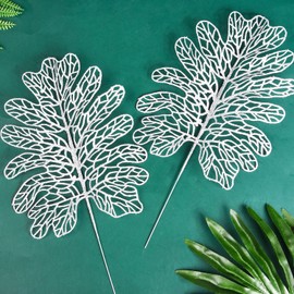 Lezevn 6 Pieces Silver Christmas Glitter Leaves Christmas Tree Hanging Ornaments DIY Xmas Wreath Décor Christmas Tree Pendant (Silver)