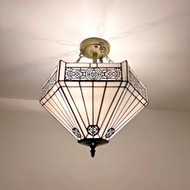 ENJOY DECOR LAMPS Tiffany Style Ceiling Lights White Stained Glass Hexagon LED Bulb 16"H*16"W*16"D