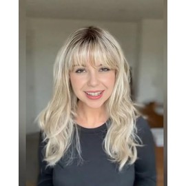 WIGYY Long Blonde Wig with Bangs for Women – Layered Shoulder-Length Synthetic Wig, Natural Wavy Heat-Resistant Hair, Glueless Cap for Daily Wear