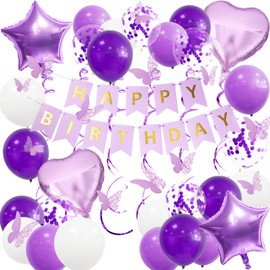 LBKKC Purple Birthday Decorations, Happy Birthday Banner for Girls&Women, Glitter Hanging Streamers with Butterfly, Purple Birthdays Banners with Balloons for Party Decoration