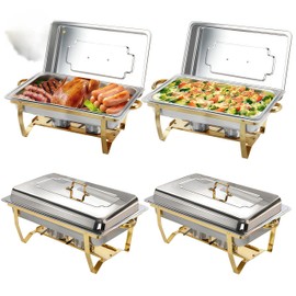 Chafing Dish Set with Gold Frame, 9 Qt Stainless Steel Chafers, 4 Pack