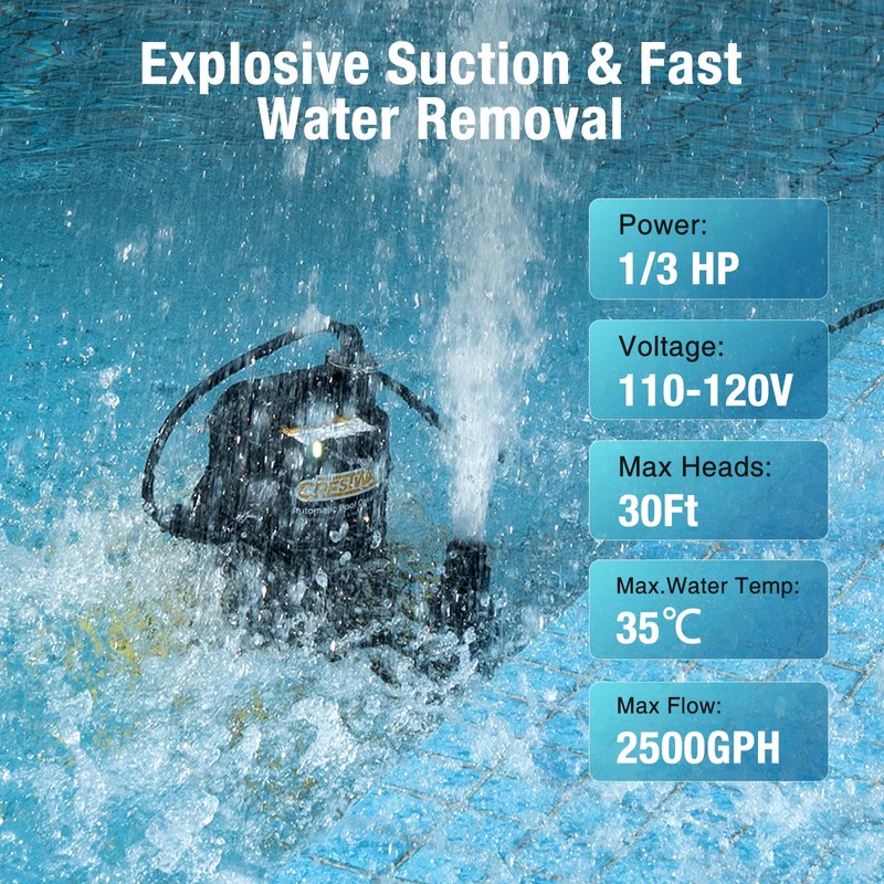 CrestWave 1/3 HP Automatic Pool Cover Pump, 2500GPH Submersible Water
