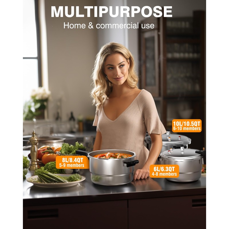WantJoin 8Qt Aluminum Pressure Cooker w/Release Valve & Multiple Protective