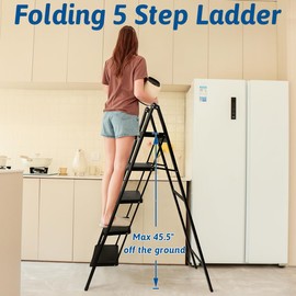 Double Elite Step Ladder 5 Step Folding, Sturdy 330 Lbs Load Small Step Stool for Adults, Safer Full Steel Multi-use Kitchen Ladder for Home/Closet, with Anti-Slip Wide Pedals, Black