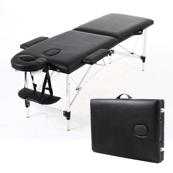 Massage Table Mobile Massage Table Foldable Portable Massage Bed Cosmetic Bench Height Adjustable 2 Zones Aluminium Feet with Carry Bag (up to 230 kg Load) - Black