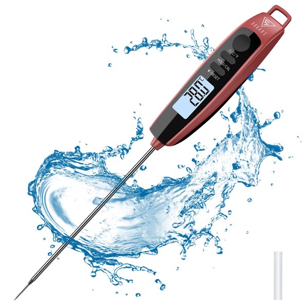 DOQAUS Meat Thermometer Probe, Instant Read Food Thermometer with 12cm Probe, Backlight and Cal, Waterproof Cooking Thermometer, Temperature Probe for Kitchen, Milk, Water, BBQ(Black Red)