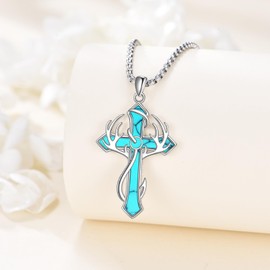 LWQQWL Fish Hook Cross Necklace for Men 925 Sterling Silver Turquoise Cross Pendant Necklaces Deer Antler Hunting Jewelry Gifts for Women Men