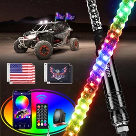 Nilight 2PCS 2FT RGB LED Whip Light with Extra Stop Turn Reverse Lights, Remote & App Control, DIY Chasing Patterns, Safety Antenna Lighted Whips for ATV UTV Polaris RZR Can-am
