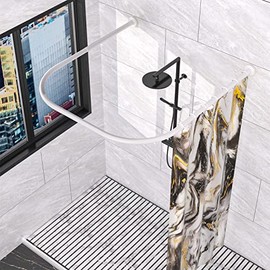 U Shaped Shower Curtain Rod, Adjustable Genuine 304 Stainless Bathroom Bathtub Shower Curtain Rod Rack with 12 Shower Curtain Rings - White U