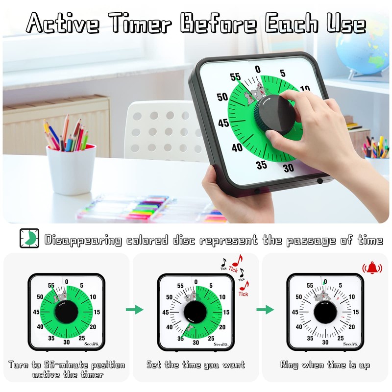 Secura Home 7.5 Inch Visual Timer, 60 Minute Oversize Countdown