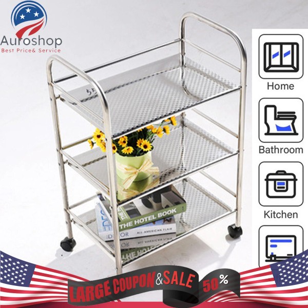 Unbranded 3 Tiers Shelf Kitchen Cart Stainless Steel With 4