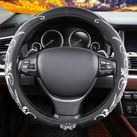 White Embroidery Steering Wheel Cover, with Non-Slip Lining, Cool in Summer Warm in Winter for Men Women, 14.5-15 Inch Non-Slip Breathable Microfiber Car Steering Wheel Protector