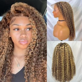 32 inch 200 Density Honey Blonde 13x6 Deep Wave HD Transparent Ombre Lace Front Wigs Human Hair Pre Plucked 4/27 Highlight Jerry Curly Wet And Wavy 100% Human Hair Wigs For Black Women With Baby Hair