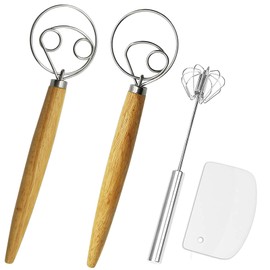 Listenman Danish Dough Whisk Bread Mixer&Egg Whisk Kits, 2 Pack Premium Stainless Steel Dutch Whisk & 1 Pack Hand Push Rotary Whisk Blender Pastry or Pizza Dough Whisk, with a Dough Scraper for Bread