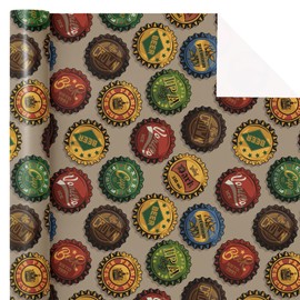 WRAPAHOLIC Beer Wrapping Paper Roll - Mini Roll - 17 Inch x 16.5 Feet - Vintage Beer Bottle Caps with Different Inscriptions Design, Perfect for Men Birthday, Father's Day, Beer Party