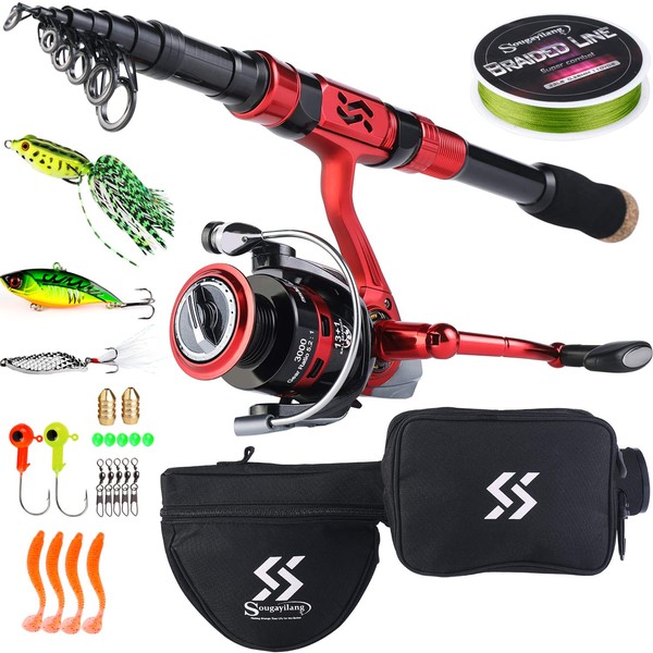 Sougayilang Fishing Rod Reel Combos Portable Telescopic Spinning Fishing Pole Spinning Reel for Travel Fishing-Red2.1M