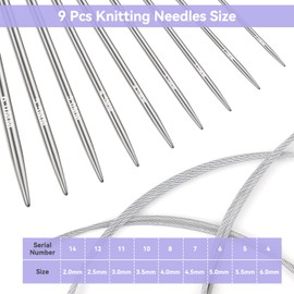 Reessy 9 Pcs Circular Knitting Needles Set 100cm with Size Marked, Metal Round Knitting Needles 2.0-6.0mm for Jumper, Shawl, Blanket, Scarf or Large Project
