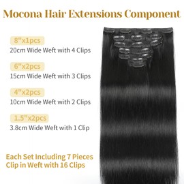 Mocona Clip in Hair Extensions Real Human Hair, Natural Black – 16 Inch 7pcs 140g/Pack, Soft Remy Human Hair Clip in Extensions Straight Capable for all Occasion (#1B 16 Inch)