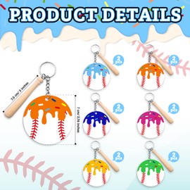 12 Pcs Baseball Acrylic Keychains with Mini Wooden Bats, Ice Cream Drip Sports Keychain Set for DIY Writing, Celebrations and Everyday Accessories(Baseball,Multi-color)