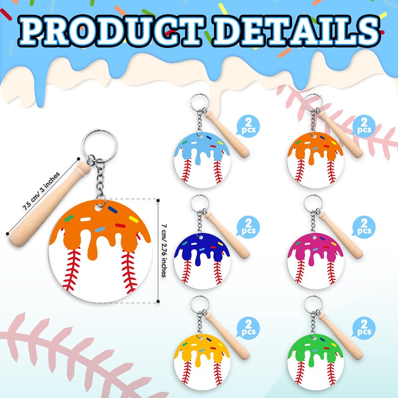 12 Pcs Baseball Acrylic Keychains with Mini Wooden Bats, Ice