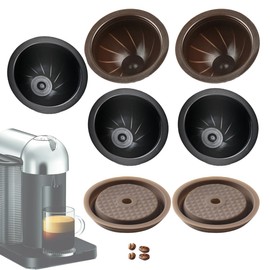 5Pcs Reusable Capsules Pods Refillable Coffee Capsules VrtuoLine for Nespr*sso with 1Pcs Reusable Silicone Lids 10pcs Aluminum Foil (Black(230ml)/ Brown(150ml)+ 2pc Silicone Lid)