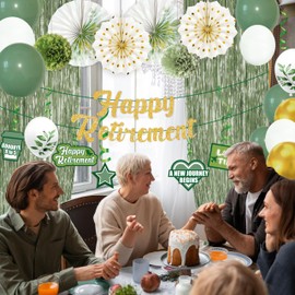 40PCS Retirement Party Decorations Sage Green Happy Retirement Banner Paper Fans Foil Curtains Hanging Swirls Tissue Pom Poms Balloons Decor