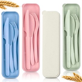 4Pcs Wheat Straw Travel Silverware Set with Case - Reusable Utensils Set with Case Forks and Spoons Silverware Set Lunch Box Accessories - Fork and Spoon Set Plastic Dinnerware Camping Tableware Set
