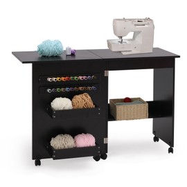 walsport Folding Sewing Table Multipurpose Craft Station & Side Desk with Compact Design, Wheels with Locks,(Dark Brown)