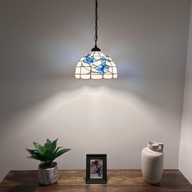 enjoy decor lamps Tiffany Pendant Lighting White Stained Glass Blue Flowers Hanging Lamp LED Bulb Included for Dining Room Island Kitchen Living Room 12”W*12”D*60”H
