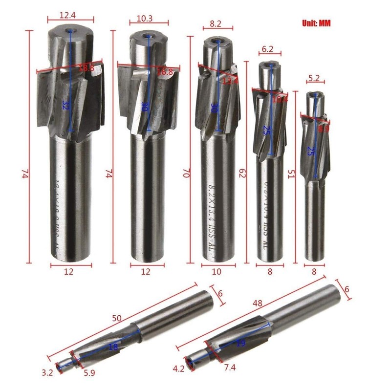 7Pcs M3-M12 Counterbore Milling Cutter High Speed Steel Pilot Slotting