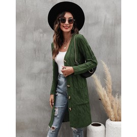 Aottori Women's Long Elegant Cardigan Chunky Knit Long Sleeve Knitted Cardigan Open Front Pullover Knitted with Buttons and Pockets for Autumn Winter, Army Green