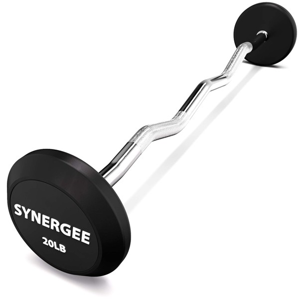 Synergee Fixed 20LB Easy Curl Bar Pre Weighted Curved Steel Bar with Rubber Weights - Fixed Weight