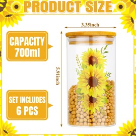 Layhit 6 Pcs Sunflower Glass Canister Set Lemon Canister Kitchen Storage Jars with Airtight Bamboo Lid Clear Sunflower Storage Jars for Coffee Bean Cookie Candy Tea Flour