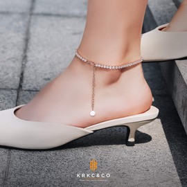 KRKC&CO 4/3 mm Women's Tennis Anklet, 14K Gold-/White Gold-/Rose Gold-Plated Tennis Bracelet, Length Adjustable Foot Clasp, Iced Out Anklet, Tennis Chain Anklet for Women, Girls, Gift, Stainless Steel, Rose gold 3 mm