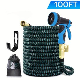 100ft Expandable Garden Hose with 10 Function Nozzle Sprayer Hanger Lightweight & No-Kink Flexible Water Hose with Durable Collapsible Latex Core & Solid Brass Fittings, Retractable Stretch Hose - Color: Green 100 FT