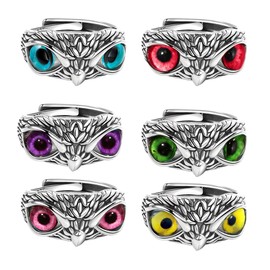 CHAKRA HEALING REIKI CHR 6Pcs Retro Devil's Eye Owl Ring Set Vintage Animal Adjustable Knuckle Ring for Women Men Owl Eye Open Stacked Ring Set Jewelry (Silver-6)