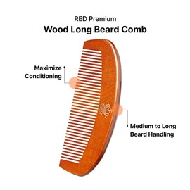 RED by Kiss Premium Wood Men Long Beard Comb, Easy Detangling and Styling, Durable Design for Gentle Beard Hair & Mustache Grooming Essential, No Snagging & Pulling, Maximize Conditioning