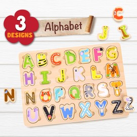 Woody Treasures Wooden Puzzles - 3-Piece Set Educational Toys for Toddlers 3 Years & Up - ABC Puzzle Includes Alphabet, Numbers & Shapes - Colourful and Fun Toys for Boys & Girls