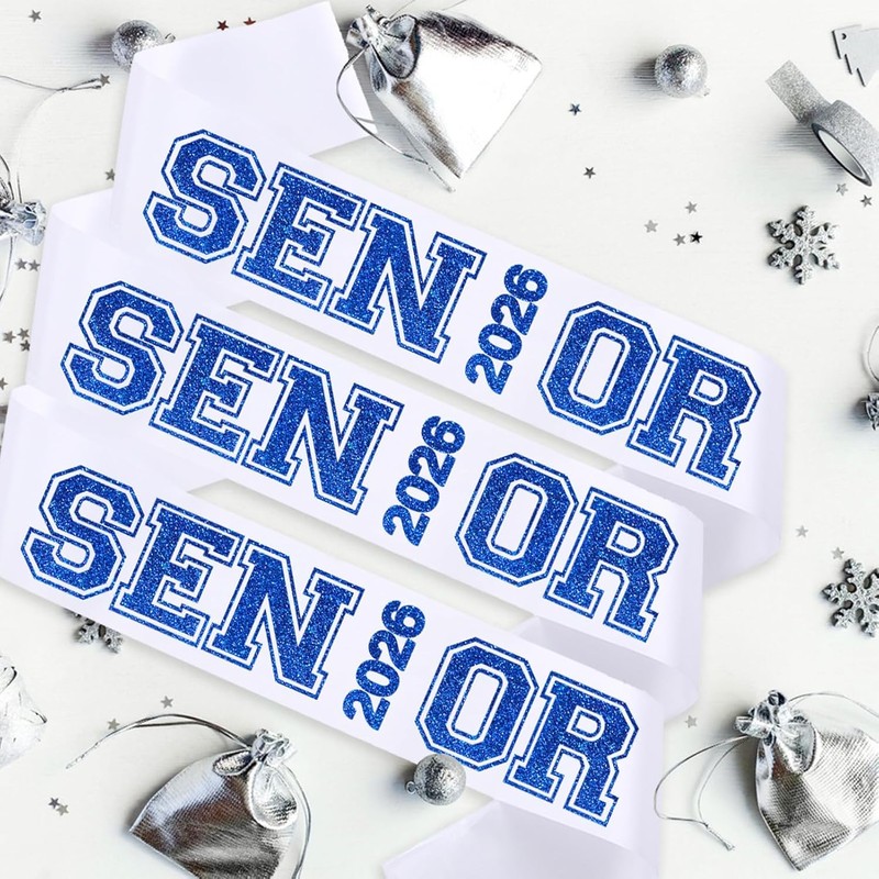 6PCS White Senior 2026 Sashes with Royal Blue Glitter Printing