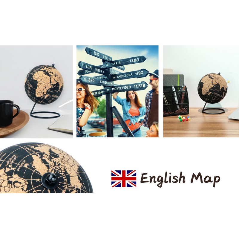 Exerz Cork Globe 14cm Pinnable, English Map, Pins Included, Natural