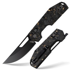 RXLUY Folding Pocket Knife, 3.38" N690Co Premium Steel Blade Carbon Fiber Handle Knives, EDC Family Outdoor Camping Knife, Small Tool for Hunting Survival Hiking, Gifts for Men Women (Black-Gold)