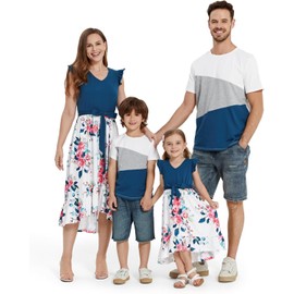 PATPAT Matching Family Outfits Father Son Matching Outfits Crewneck Short Sleeve and Ruffle Cuffs Floral Print Mommy and Me Dresses T-Shirts Tops for Men XL