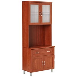 HODEDAH IMPORT Tall Standing Kitchen Cabinet with Top and Bottom Enclosed Cabinet Space, 1-Drawer, Large Open Space for Microwave in Cherry