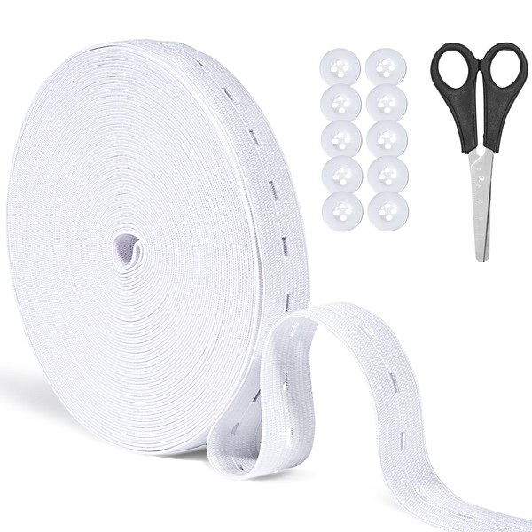 Nadisean 16 m White Elastic Band with Button Eyelets, 20