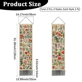 PRESSINART 2 Pcs 2 Styles Long Floral Tapestry Vintage Vertical Tapestry Reference Illustrative Botanical Long Narrow Flowers Print Tassels Wall Hanging for Bedroom Living Room Office Home Decoration