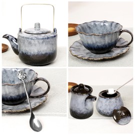 Porcelain Tea Sets, 9 OZ （270ml) Cups& Saucer Service for 6, with Teapot Sugar Bowl Cream Pitcher Teaspoons and tea strainer for Tea/Coffee