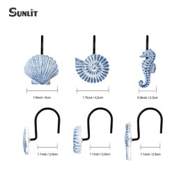 Sunlit Seashells Decorative Shower Curtain Hooks, Sky Blue Ocean Creatures Coastal Shower Curtain Rings with Black Hooks, Resin, Nautical Bathroom Decoration Beach Shower Curtain Hooks, Set of 12